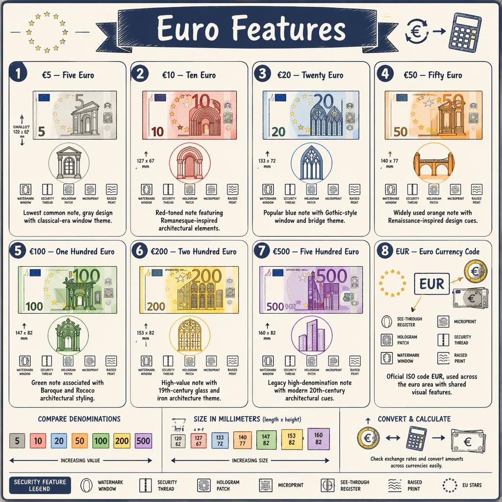 Infografika s osmi kartami Euro Features, skicový styl, eurobankovky, bezpečnostní prvky, šipky a ikony převodníku.