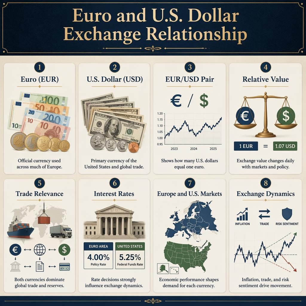 Infographie en grille de 8 cartes sur la relation euro dollar, avec symboles €, $, graphiques, cartes et billets.