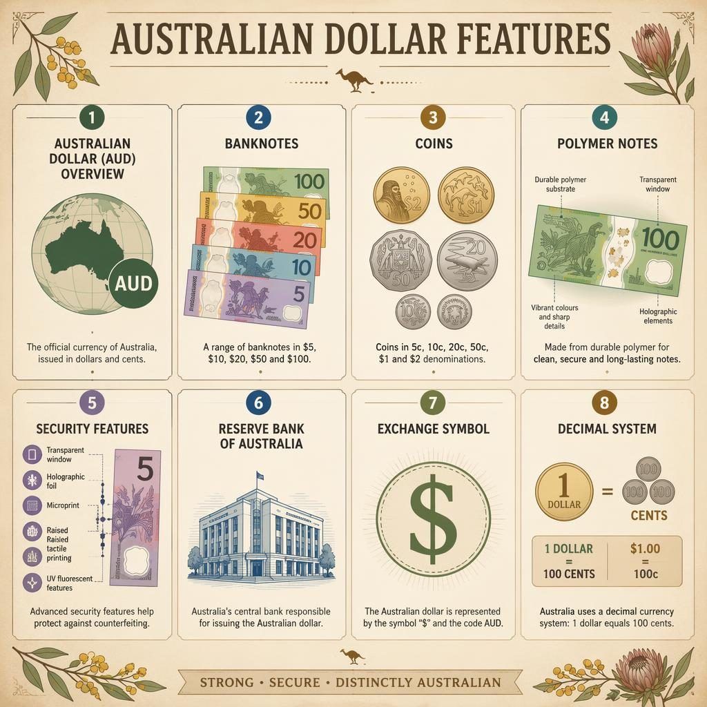 Infografika s mřížkou 8 karet o australském dolaru AUD, s ikonami bankovek, mincí, polymeru a zabezpečení.