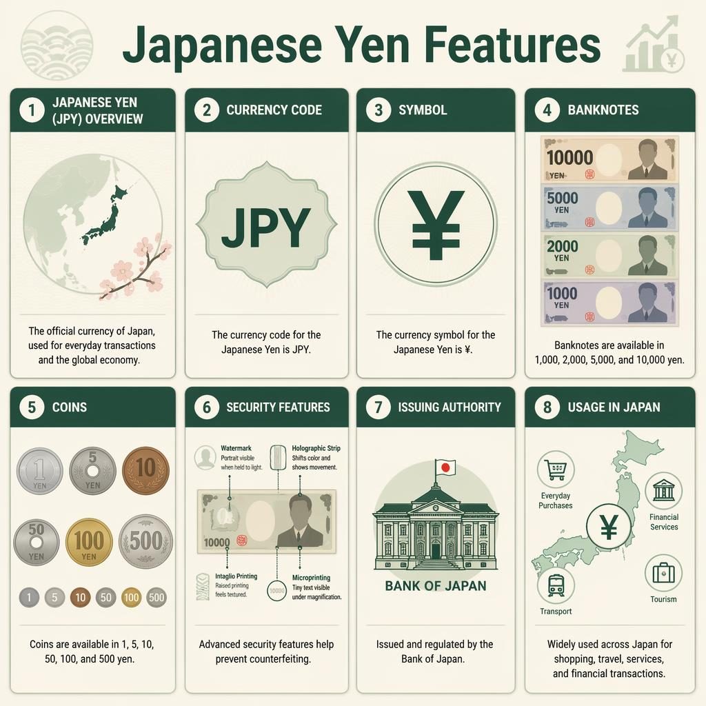 Infografika s 8 kartami o japonském jenu, zeleno-krémová paleta, symbol ¥, JPY, bankovky, mince a zabezpečení.