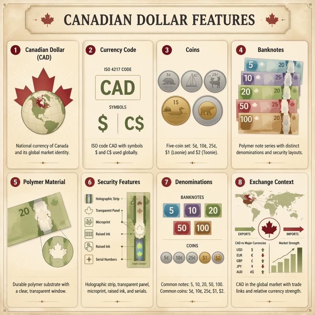 Mřížková infografika s 8 kartami o kanadském dolaru CAD, mincích, bankovkách, zabezpečení a směnném kontextu.
