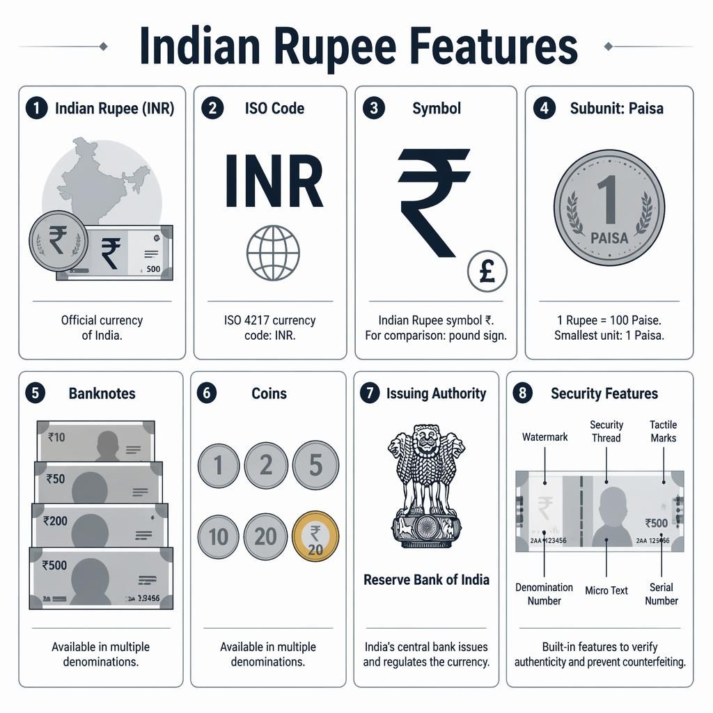Monochrome infographic grid of 8 cards showing Indian rupee features, icons for INR, ₹, paisa, notes, coins, RBI, and security.