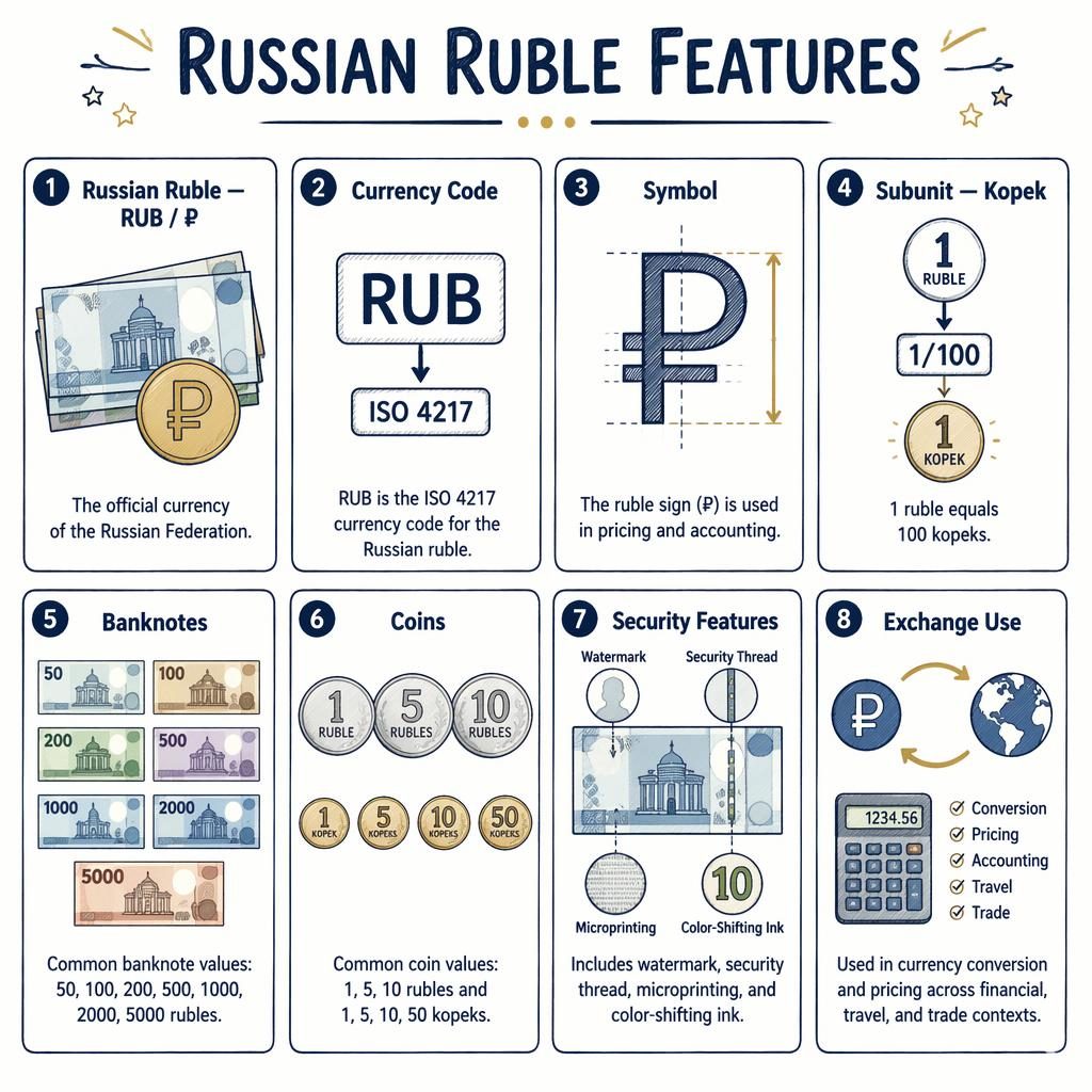 Sketchnote infografika s 8 kartami o ruském rublu v námořnické a zlaté paletě, s ikonami bankovek, mincí a symbolu ₽.