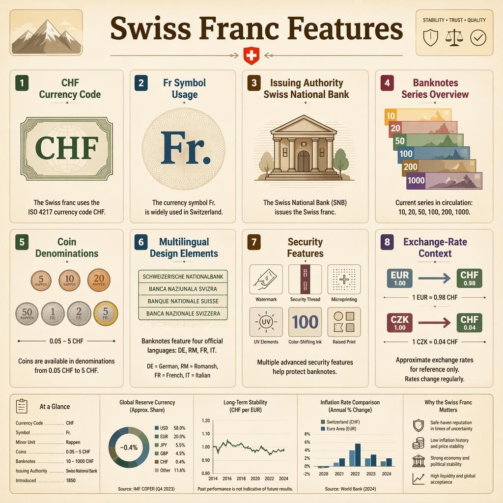 Infografika s mřížkou 8 karet o švýcarském franku, ikonami, mini grafy, kódem CHF a převodem EUR na CZK.