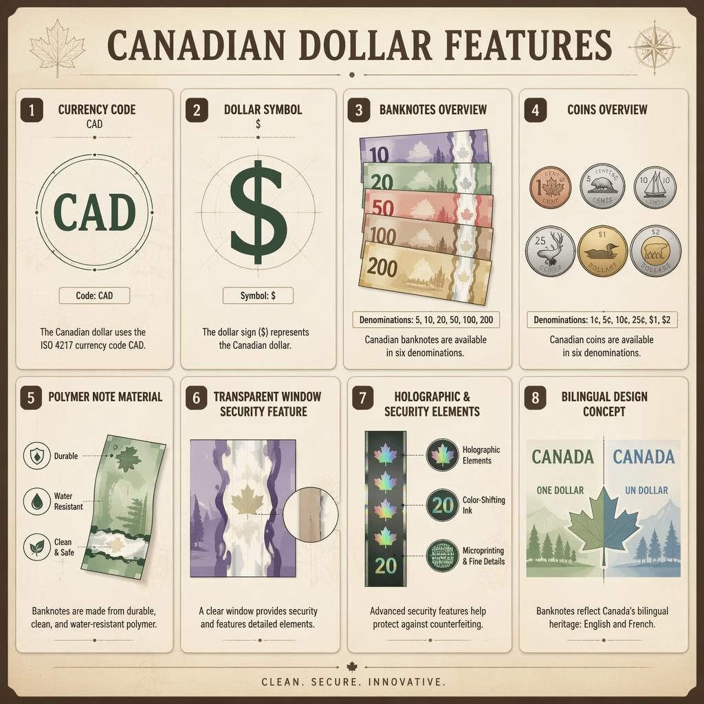 Mřížková infografika s 8 kartami o prvcích kanadského dolaru v pergamenových tónech a moderním dashboard stylu.