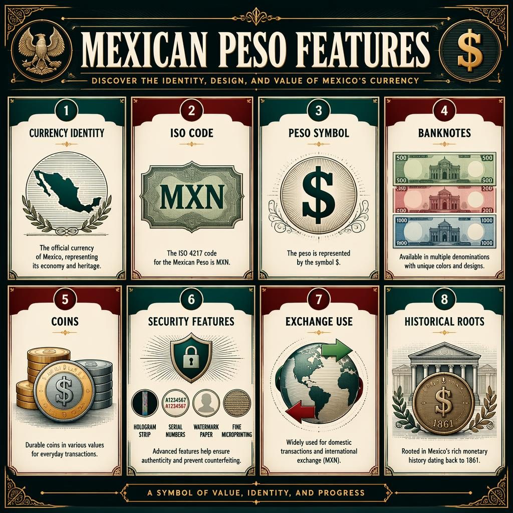 Infografika s 8 kartami o mexickém pesu, ikony bankovek, mincí, zabezpečení, MXN, symbol $ a směnné šipky.