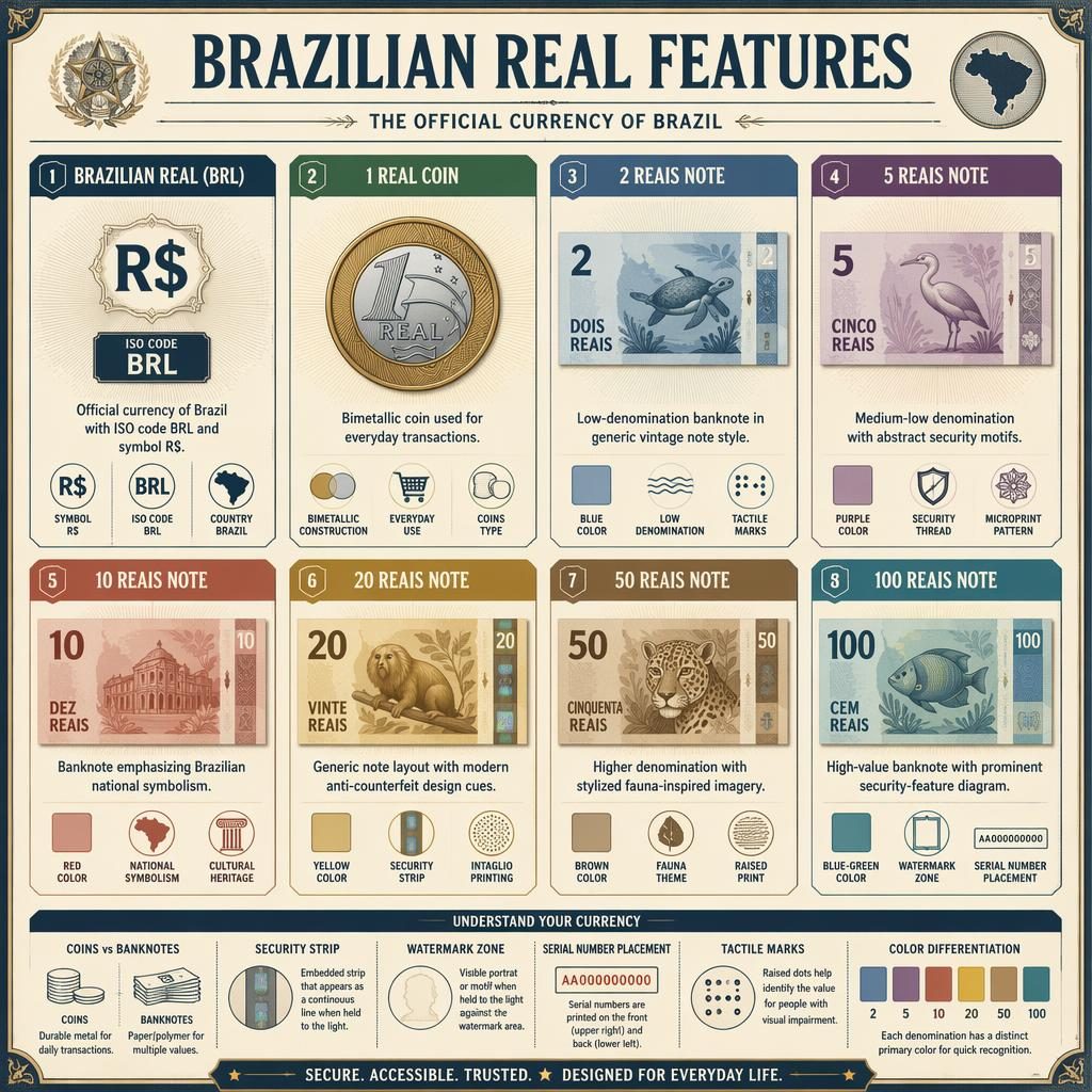 Infografika s mřížkou 8 karet o brazilském realu, mincích, bankovkách BRL a bezpečnostních prvcích v retro stylu.