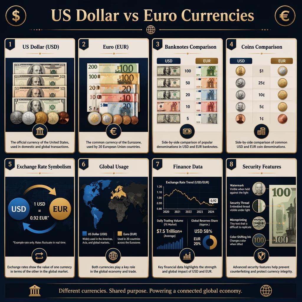 Infographie en grille de 8 cartes comparant USD et EUR, avec icônes, graphiques, cartes du monde et palette bleu marine or.