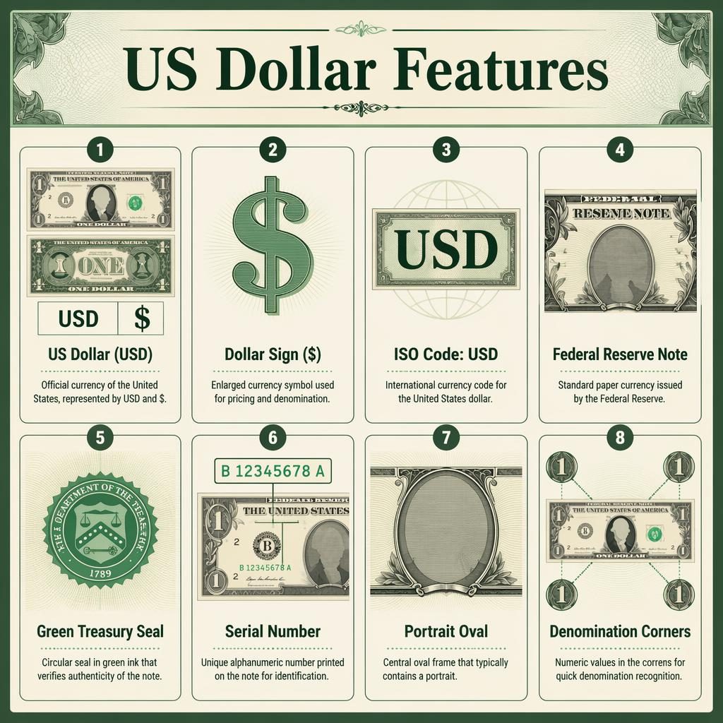 Čistá infografika s 8 kartami o USD v zeleno-krémové paletě, ikony dolaru, kódu USD, pečeti a sériového čísla.