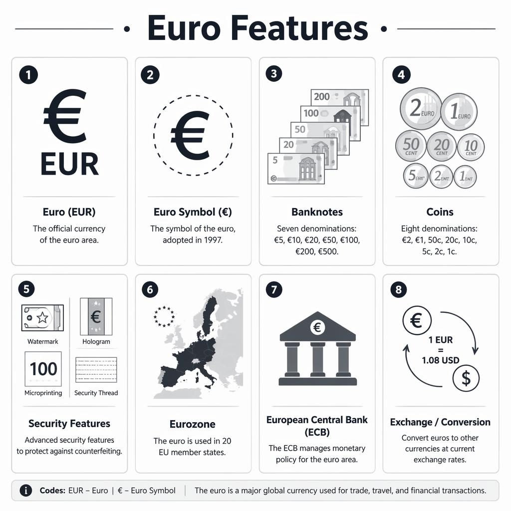 Minimalistická infografika s 8 kartami o euru, ikonami bankovek, mincí, ECB, eurozóny a převodu měn.