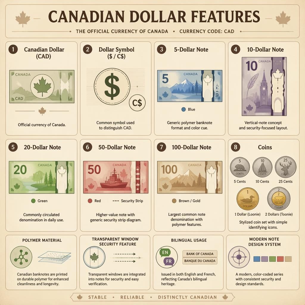 Infografika s osmi kartami o kanadském dolaru CAD, bankovkách, mincích a bezpečnostních prvcích v pergamenových tónech.