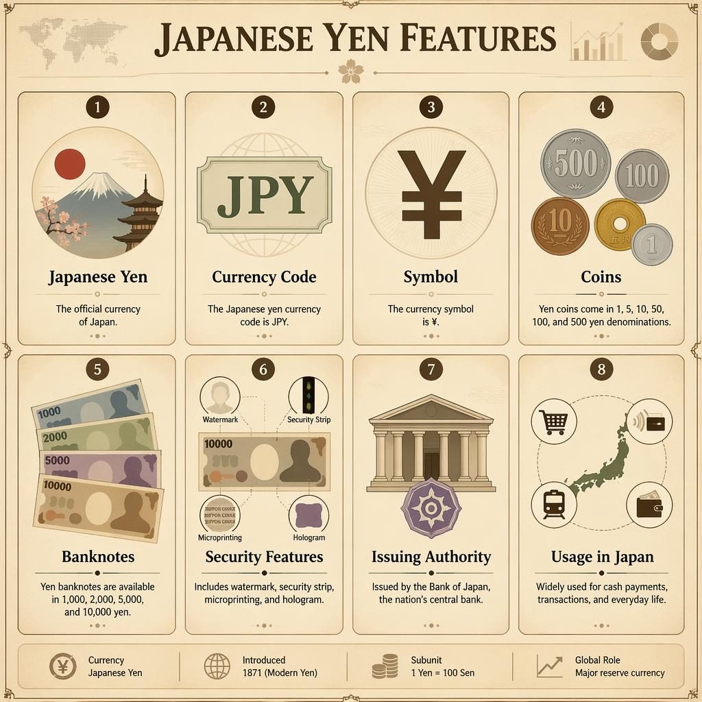 Infografika s 8 kartami v gridu o japonském jenu, s ikonami mincí, bankovek, symbolu ¥ a kódu JPY.