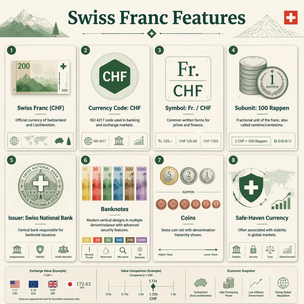 Infographic card grid on Swiss Franc features with 8 green and cream cards, currency icons, CHF labels, coins and banknotes.