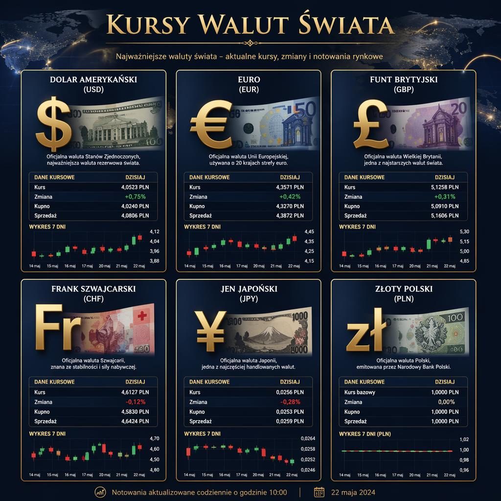 Infografika kursy walut świata z 6 równymi kartami: USD, EUR, GBP, CHF, JPY i PLN, na tle mapy świata.