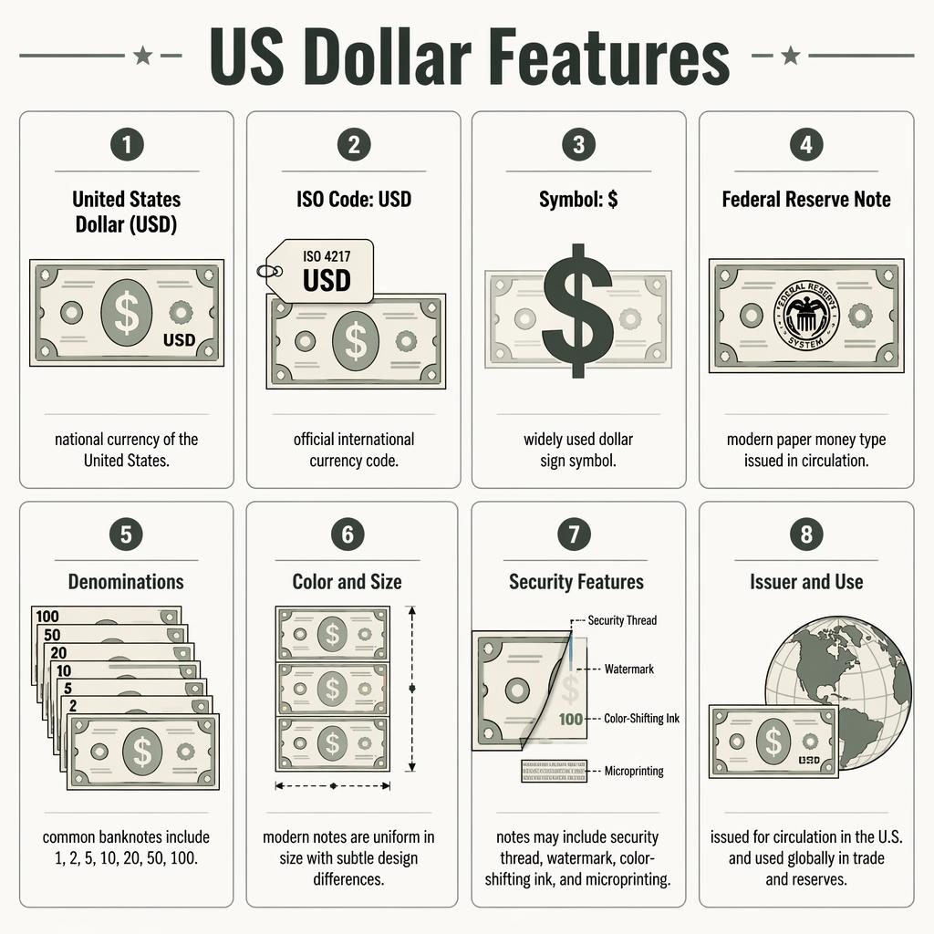 Minimalistická infografika s mřížkou 8 karet o americkém dolaru, s ikonami bankovek, symbolem $, USD a bezpečnostními prvky.