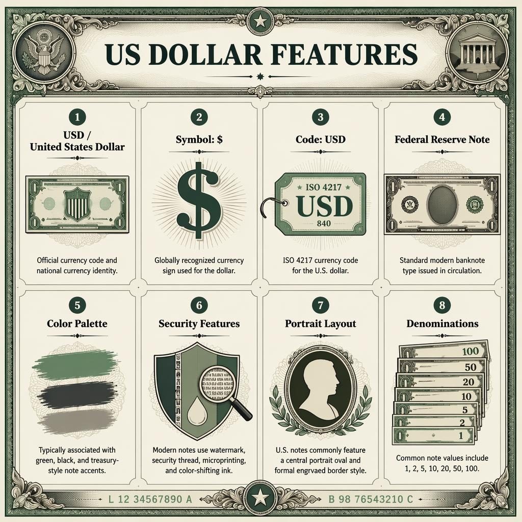 Infografika s mřížkou 8 karet o americkém dolaru, ikonami bankovek, symbolu $, kódu USD a bezpečnostních prvků.