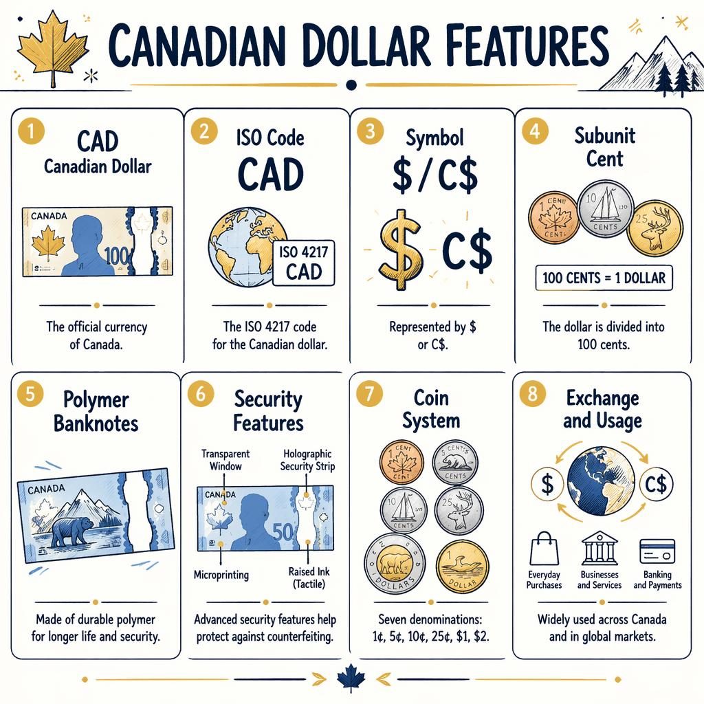 Čistá infografika s 8 kartami v námořnické a zlaté paletě, s ikonami a anglickými popisy o vlastnostech kanadského dolaru.