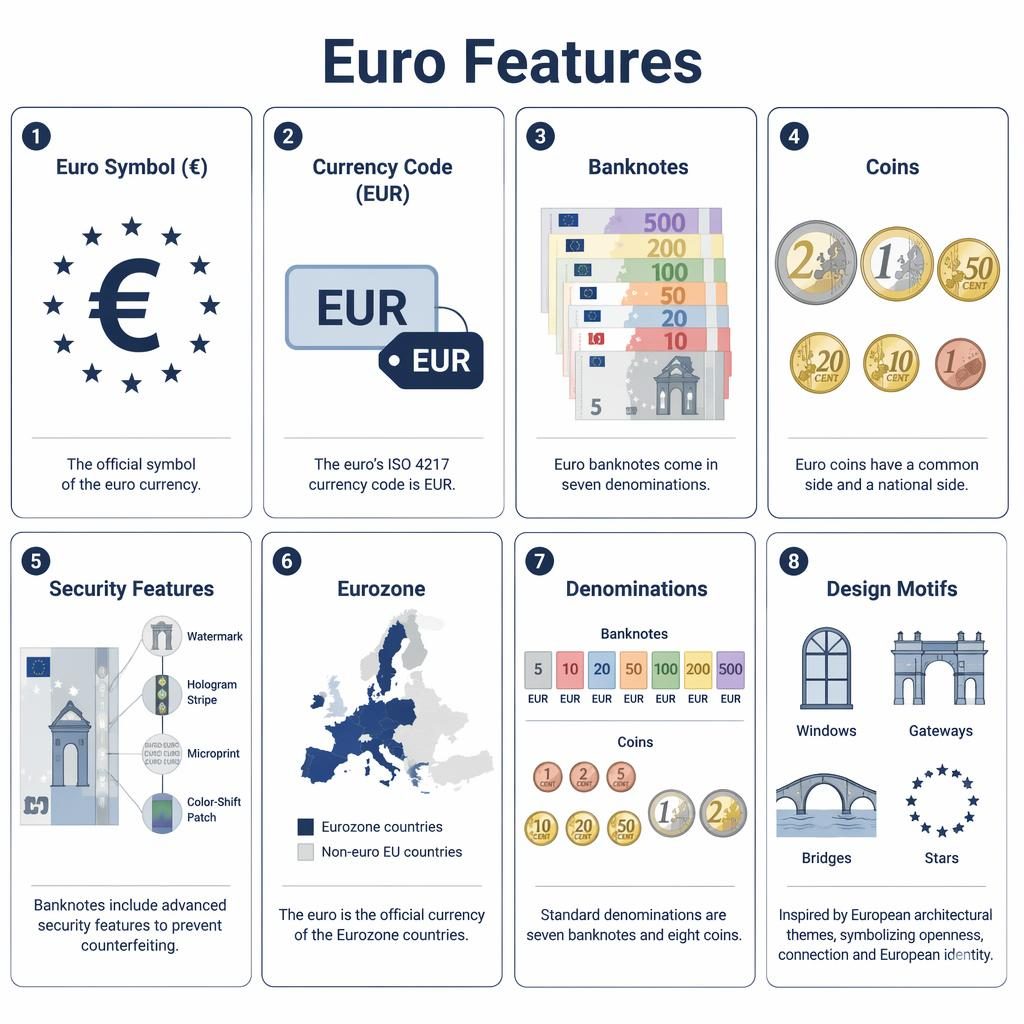 Minimalistická infografika s 8 kartami o euru, ikonách, bankovkách, mincích, zabezpečení a eurozóně.