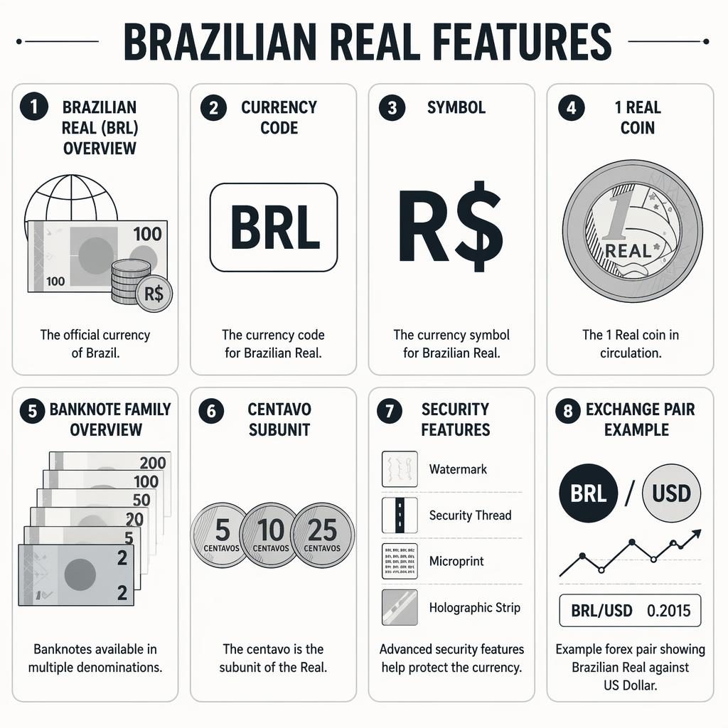 Minimalistická infografika s mřížkou 8 karet o brazilském realu, BRL, symbolu R$, minci, bankovkách a měnovém páru.