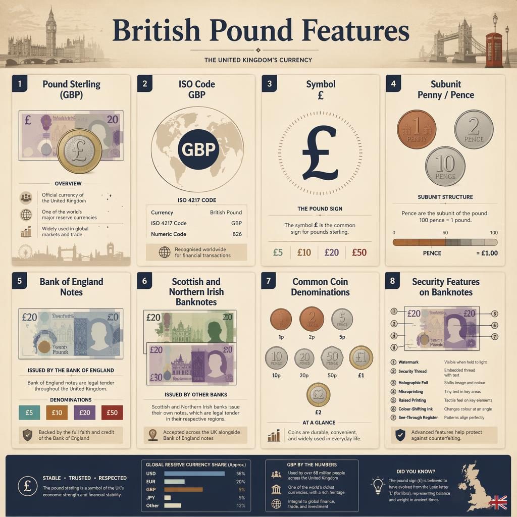 Infografika s mřížkou 8 karet o britské libře, s ikonami mincí a bankovek, mini grafy a pergamenovou paletou.