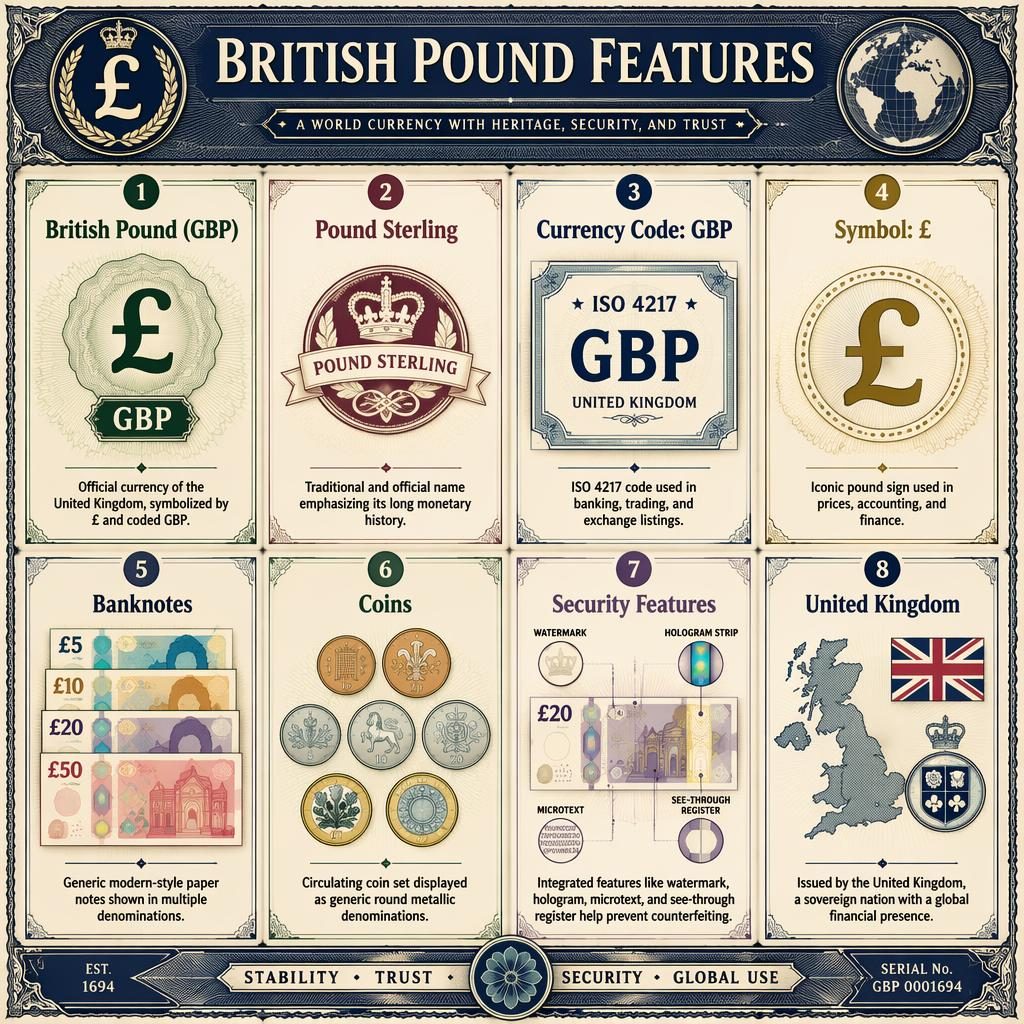 Infografika s mřížkou 8 karet o britské libře, ikonami mincí, bankovek, symbolem £ a mapou Spojeného království.