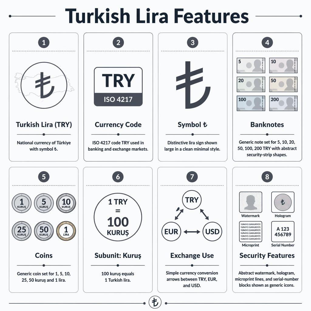 Minimalistická infografika s 8 kartami o turecké liře, mincích, bankovkách, symbolu ₺ a směnných kódech TRY, EUR, USD.