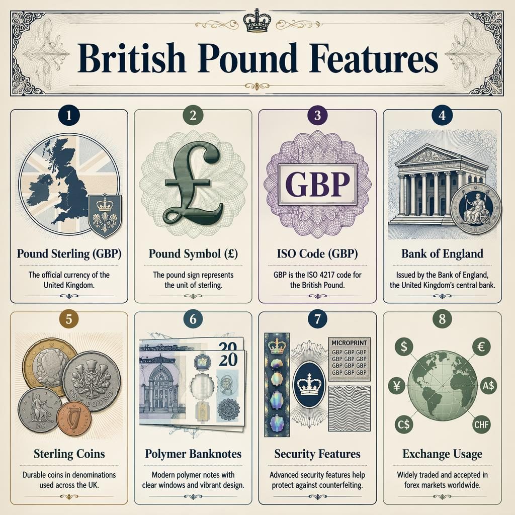 Infografika s mřížkou 8 karet British Pound Features, ikony GBP, £, mince, polymerové bankovky a zabezpečení.