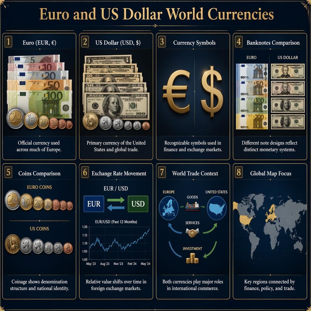 Infografica fotorealistica in griglia con 8 schede su euro e dollaro USA, banconote, monete, grafici e mappa mondiale.