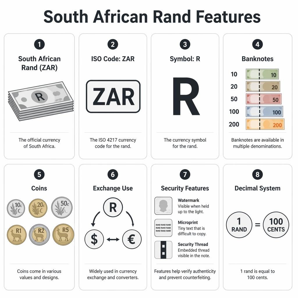 Minimalistická infografika s 8 kartami o jihoafrickém randu, včetně ikon bankovek, mincí, symbolu R a ZAR.