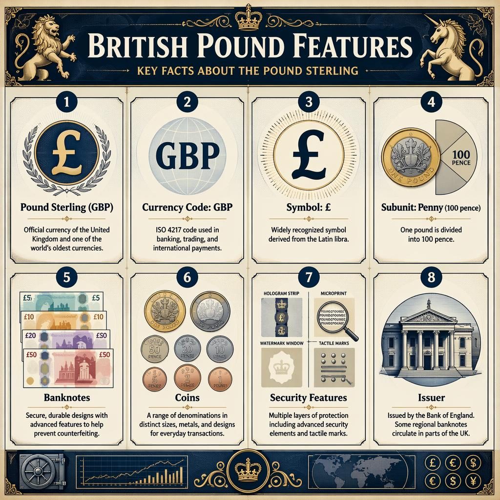 Mřížková infografika s 8 kartami o britské libře, s ikonami mincí, bankovek, symbolem £ a bezpečnostními prvky.