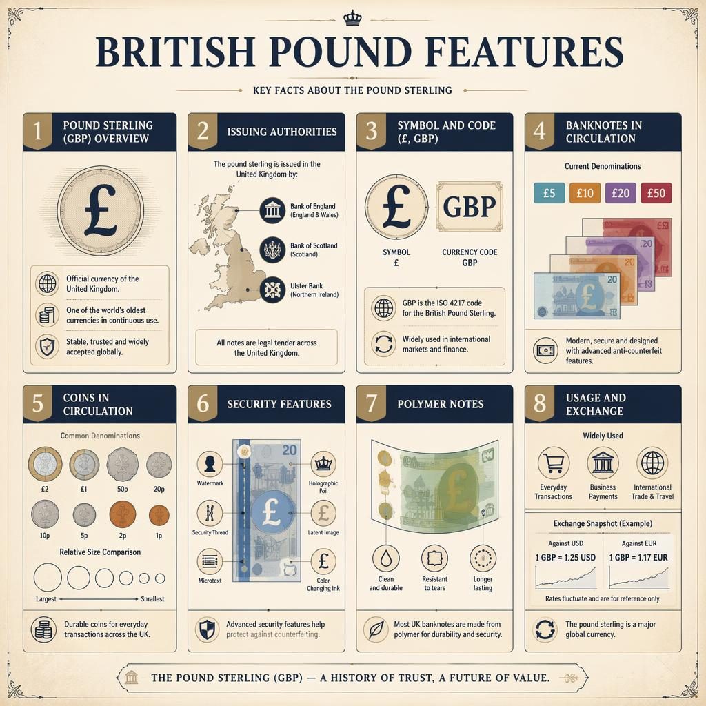 Infografika s mřížkou 8 karet o britské libře, s ikonami mincí, bankovek, mapou UK a bezpečnostními prvky.