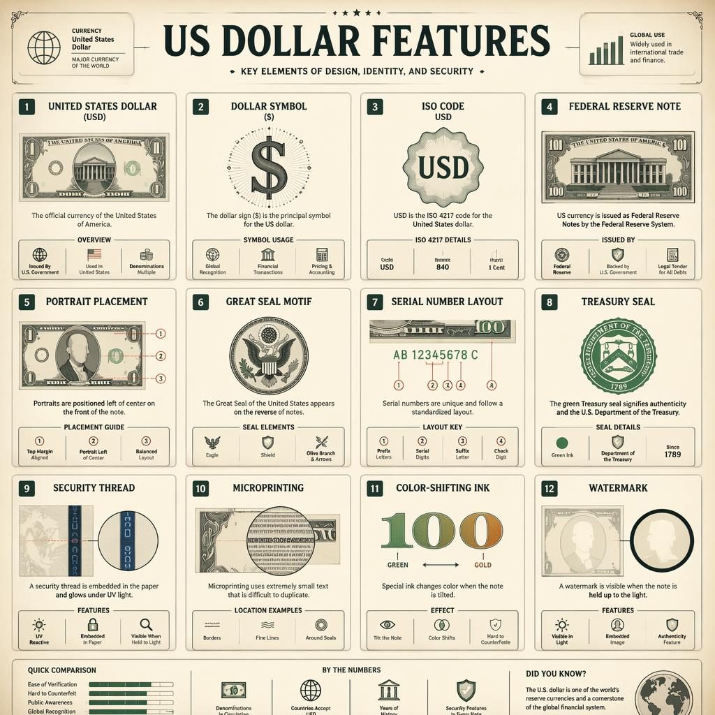 Mřížková infografika s kartami o prvcích amerického dolaru, s ikonami, schématy a archivní papírovou texturou.