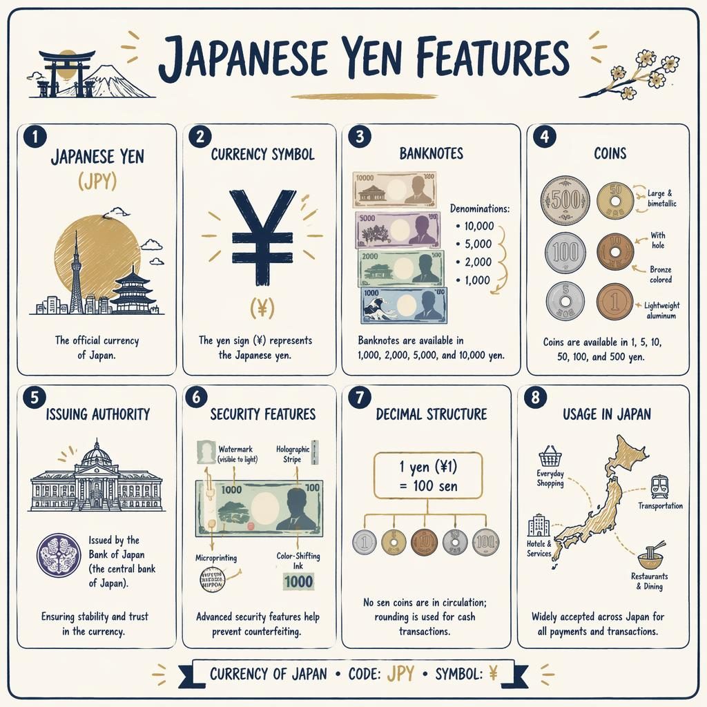 Editorial sketchnote infographic with 8 navy and gold cards showing Japanese yen features, JPY, yen symbol, notes, coins, and security.