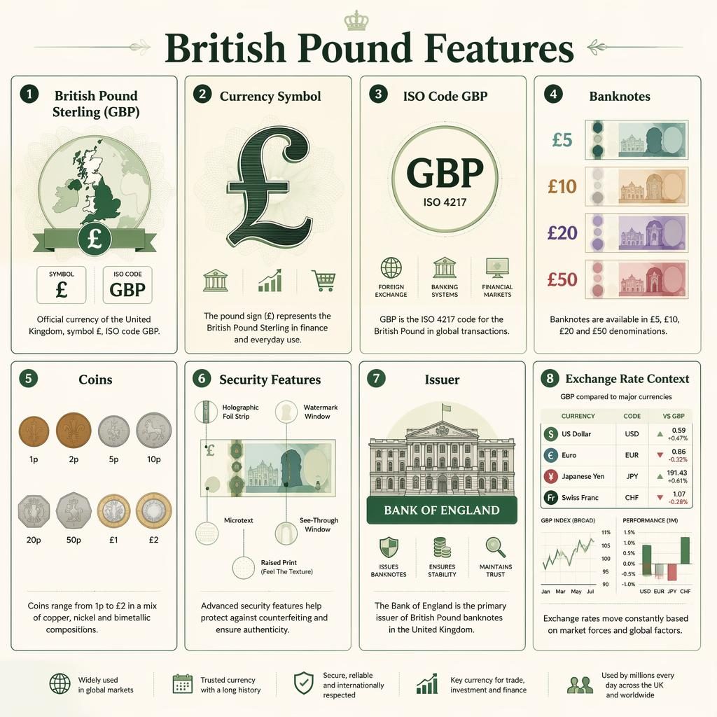 Čistá infografika s 8 kartami o britské libře GBP, se symboly £, bankovkami, mincemi, zabezpečením a kurzem měny.