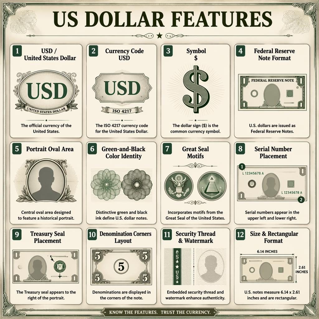 Infografika s mřížkou 8 karet o americkém dolaru, s ikonami bankovky, kódem USD, symbolem $ a bezpečnostními prvky.