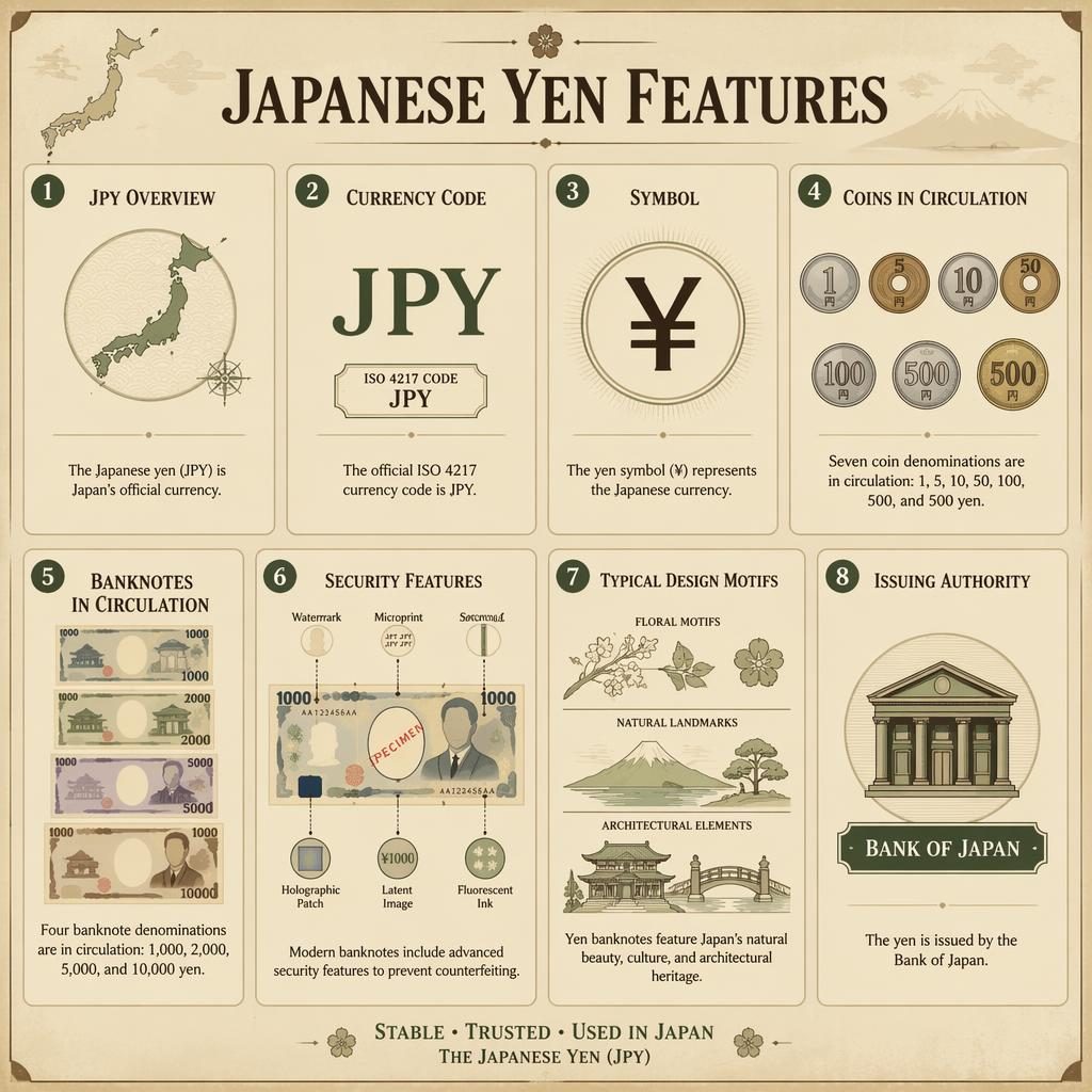 Infografika s mřížkou 8 karet o japonském jenu, ikony mincí, bankovek, symbol ¥ a bezpečnostní prvky.