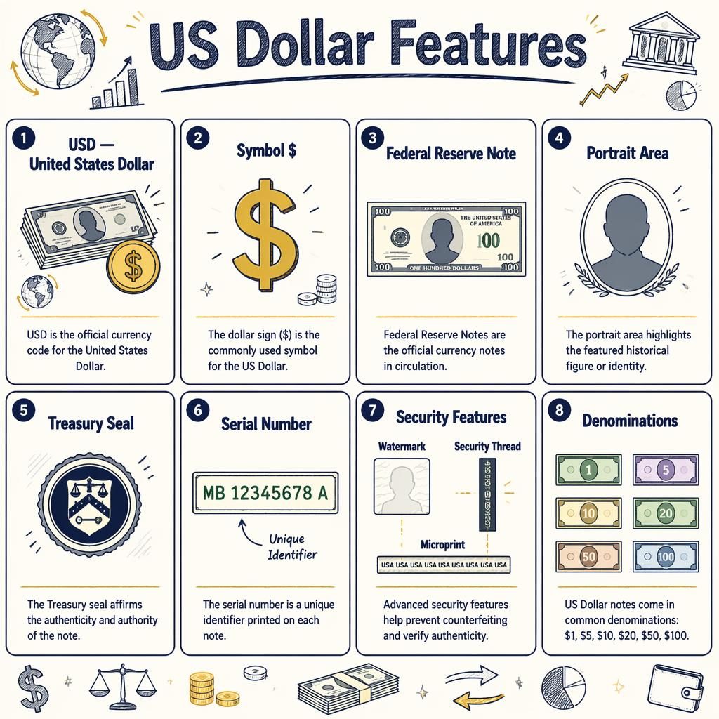 Infografika s mřížkou 8 karet o prvcích amerického dolaru v námořnické a zlaté, sketchnote stylu.