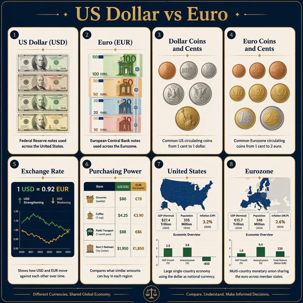 Infografica a griglia con 8 schede su dollaro ed euro, banconote, monete, cambio, potere d’acquisto e mappe.