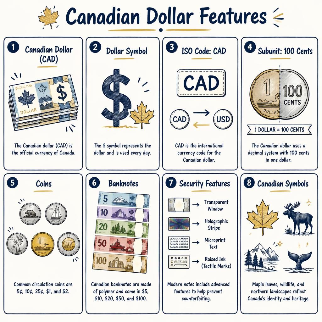 Mřížková infografika s 8 kartami o kanadském dolaru, ikony mincí, bankovek, CAD kódu a bezpečnostních prvků.