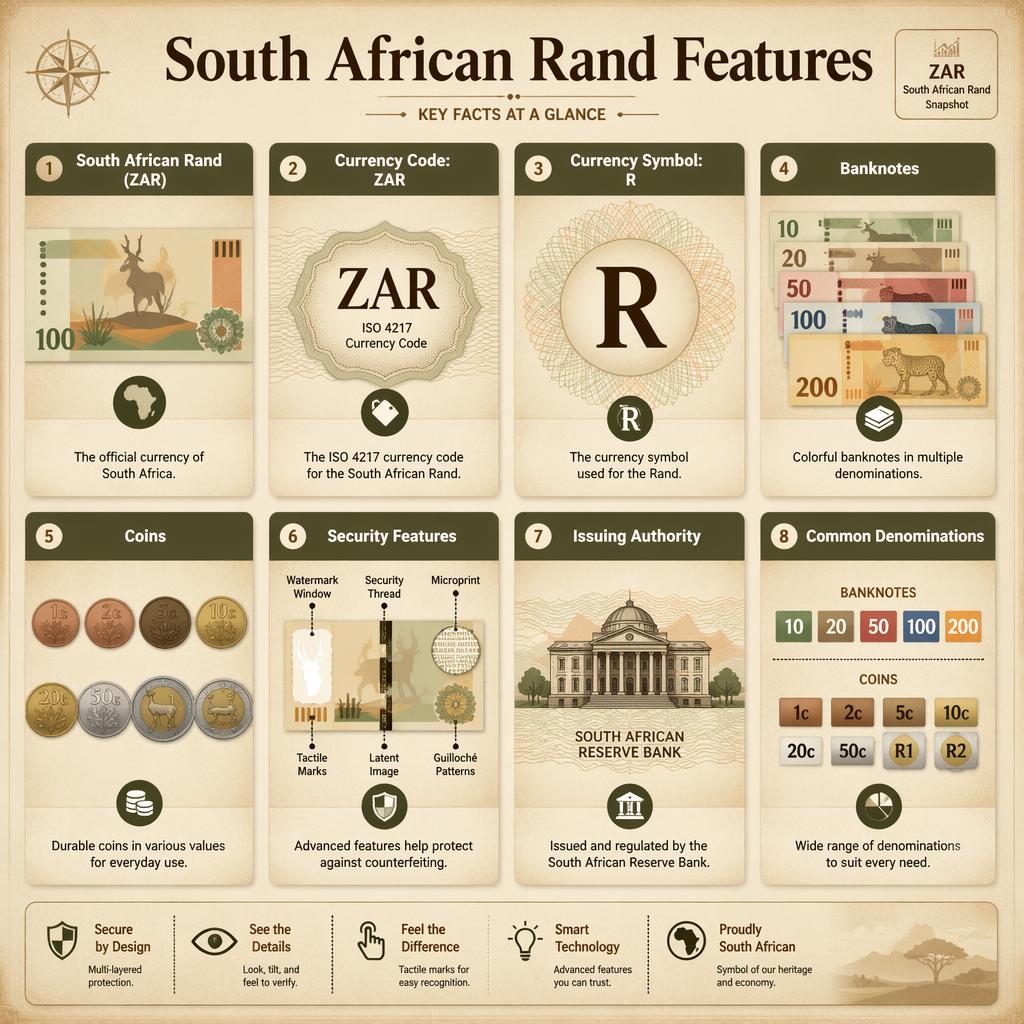 Infografika s mřížkou 8 karet o South African Rand, ZAR, symbolu R, bankovkách, mincích a ochranných prvcích.