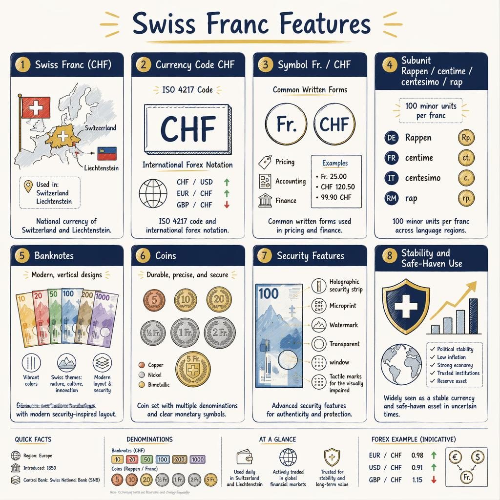 Card grid infographic of Swiss franc features with 8 navy and gold sketchnote cards, icons, labels, and generic notes.