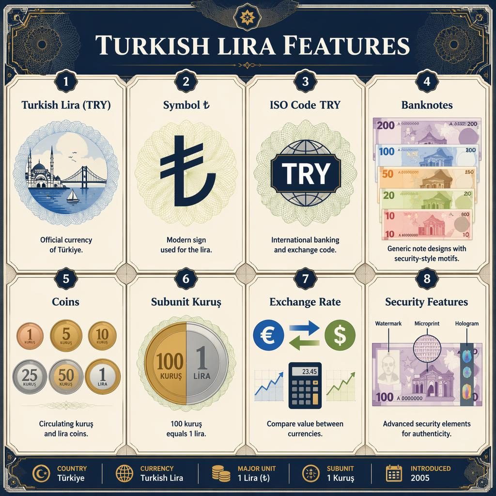 Infografika s 8 kartami o turecké liře, ikonách bankovek, mincí, symbolu ₺, kódu TRY a kurzu měn.