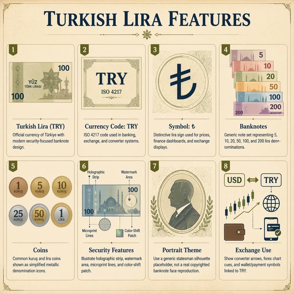 Infografika s mřížkou 8 karet o turecké liře, ikonách bankovek, mincí, zabezpečení a použití v kurzech.