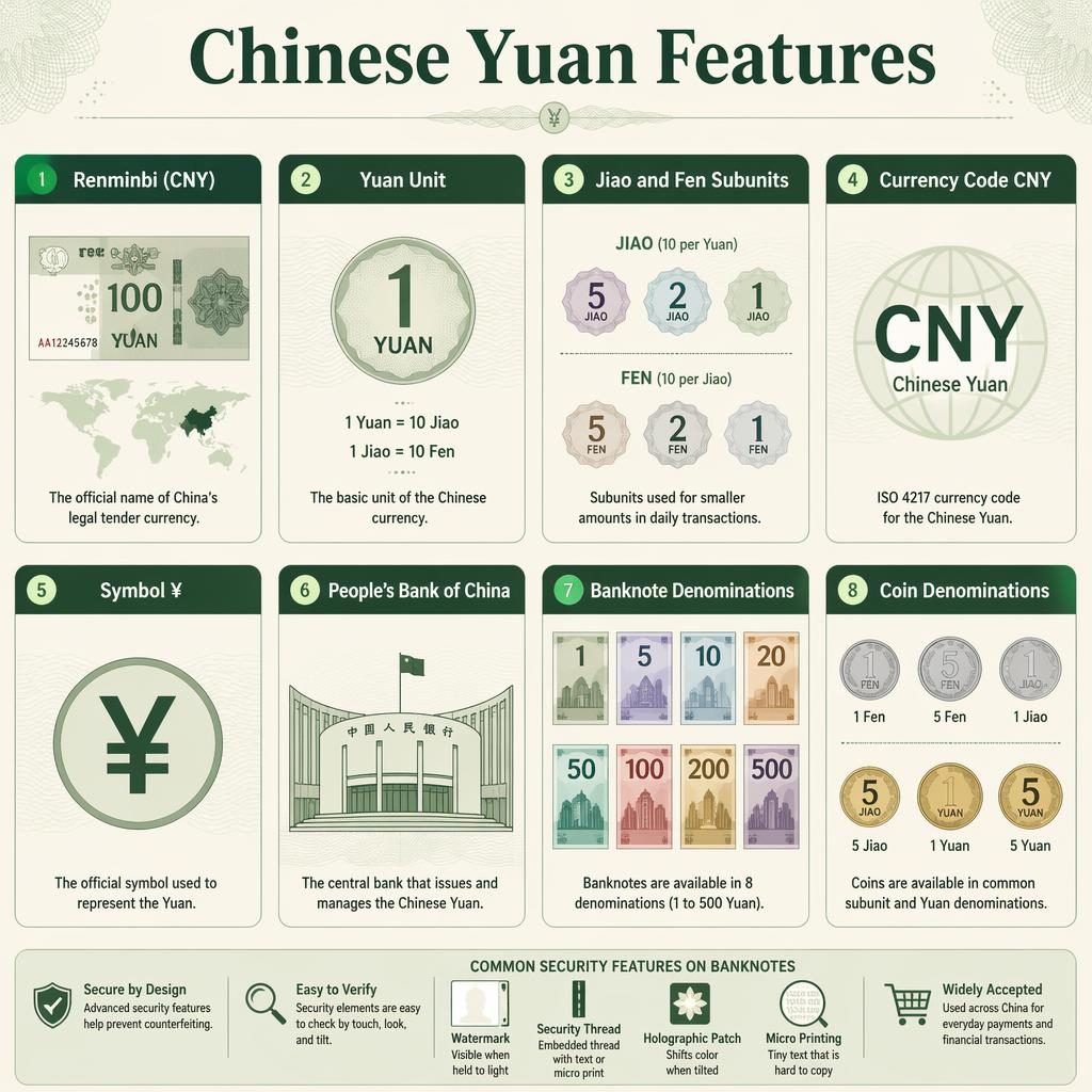 Čistá infografika s 8 kartami v zeleno-krémové paletě o čínském jüanu, s ikonami bankovek, symbolu ¥ a kódu měny CNY.