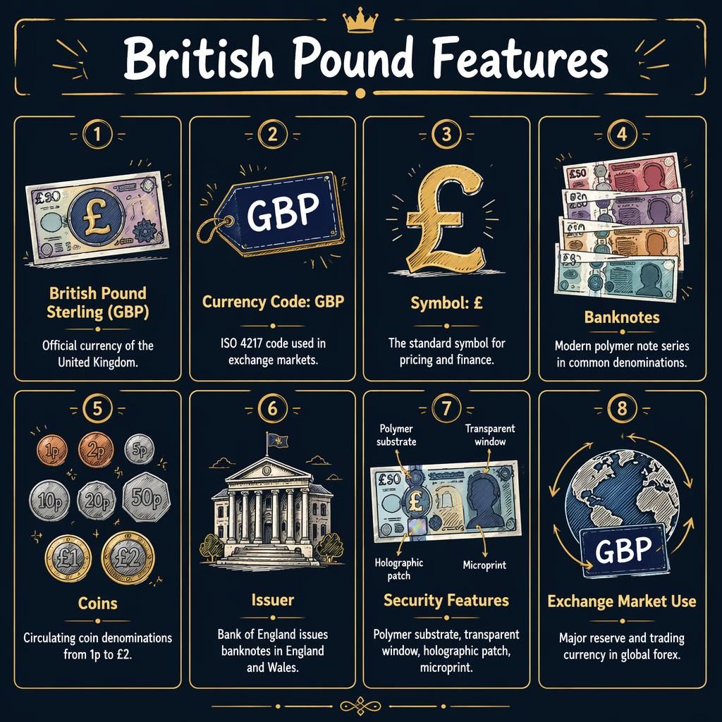 Infografika s 8 kartami o britské libře v námořnické a zlaté paletě, sketchnote styl, ikony bankovek, mincí a GBP.
