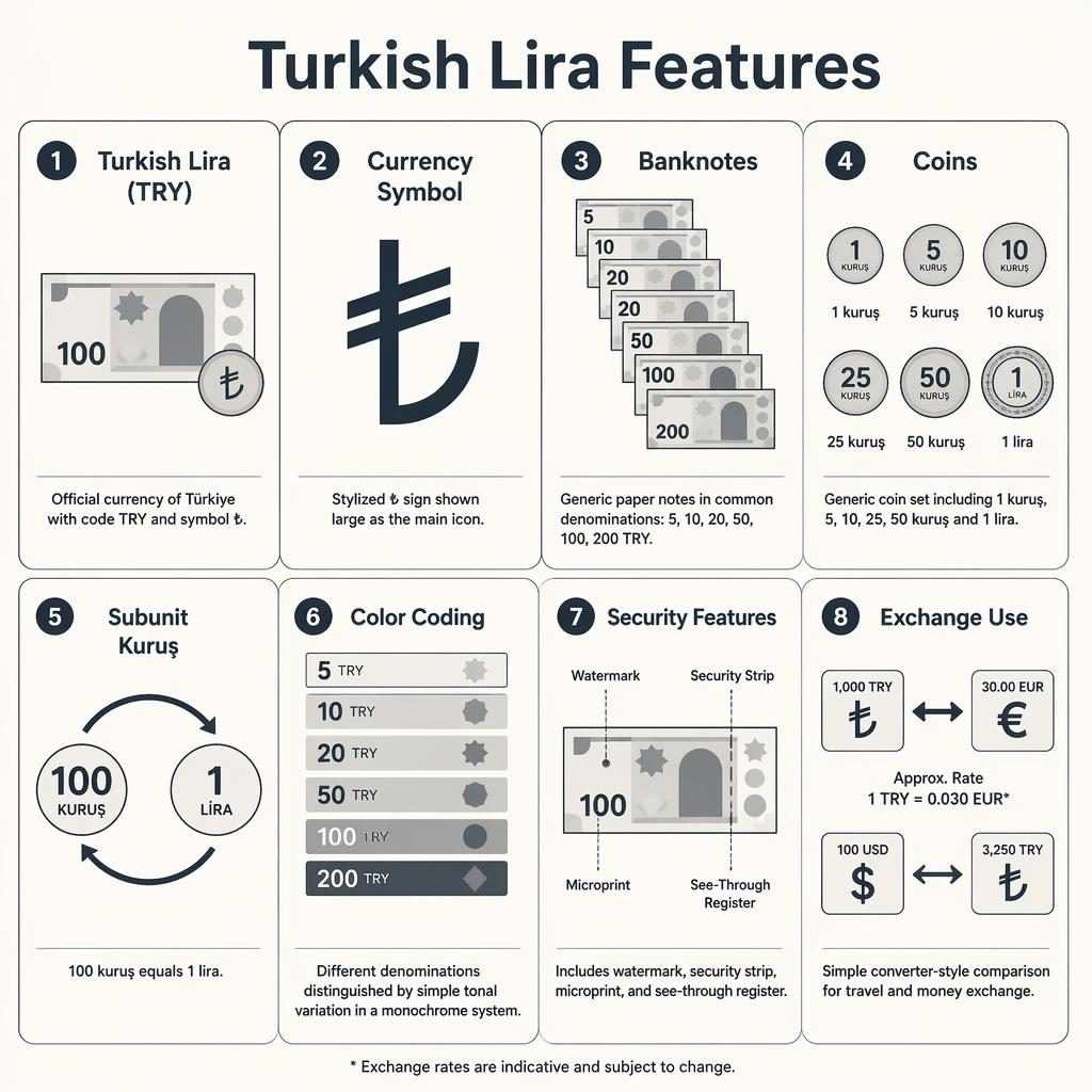 Minimalistická infografika s mřížkou 8 karet o turecké liře, ikonách mincí, bankovek, symbolu ₺ a prvků zabezpečení.