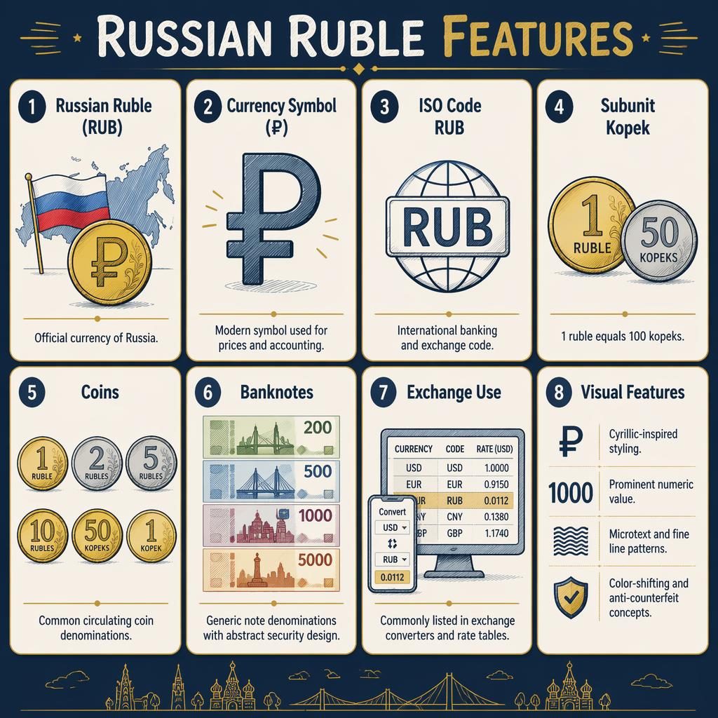 Sketchnote infografika s 8 kartami o Russian Ruble Features v námořnické a zlaté paletě, ikony mincí a bankovek.