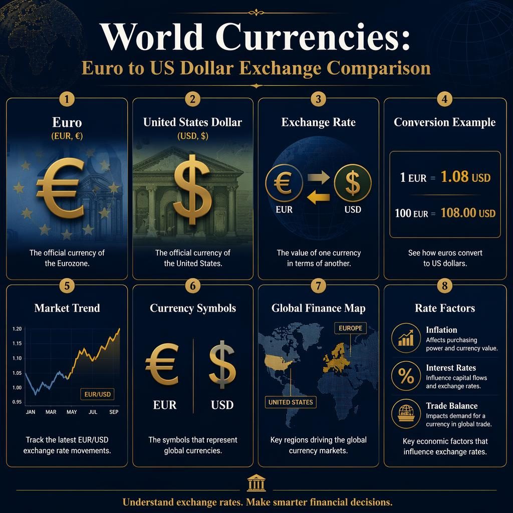 Infografica a griglia con 8 schede su euro, dollaro USA, tasso di cambio, conversione, trend e fattori economici.
