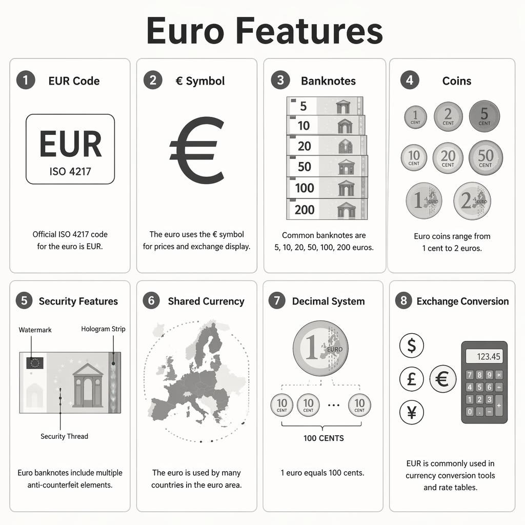 Minimalistická infografika s 8 kartami o euru, včetně kódu EUR, symbolu €, bankovek, mincí a zabezpečení.