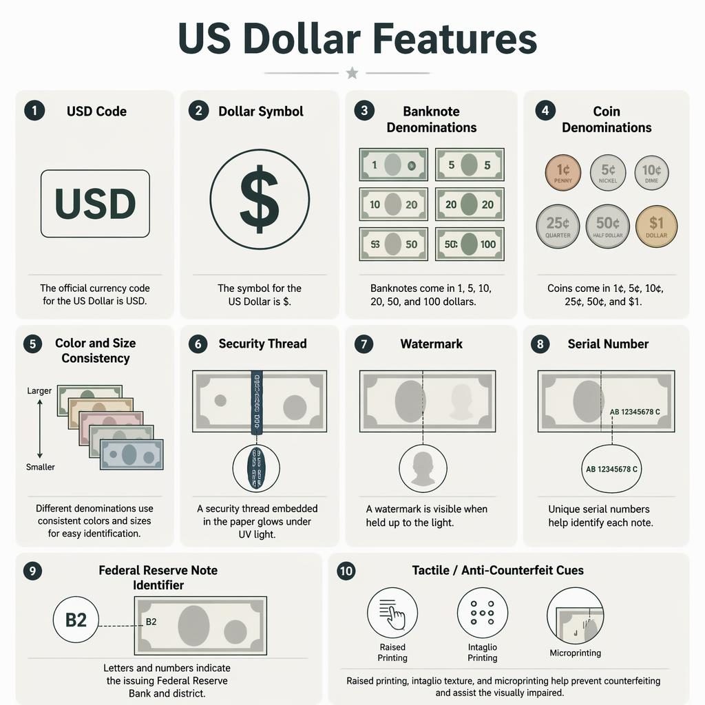 Minimalistická infografika s mřížkou 8 karet o americkém dolaru, ikonami bankovek a mincí a anglickými popisky.